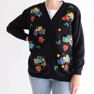 Vintage The Quacker Factory Black Embroidered Angels Holida Cardigan M